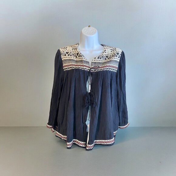 H&M Aztec Cardigan Top Open Tie Front Tassels Crepe Womens 12 Black BOHO - Picture 1 of 9